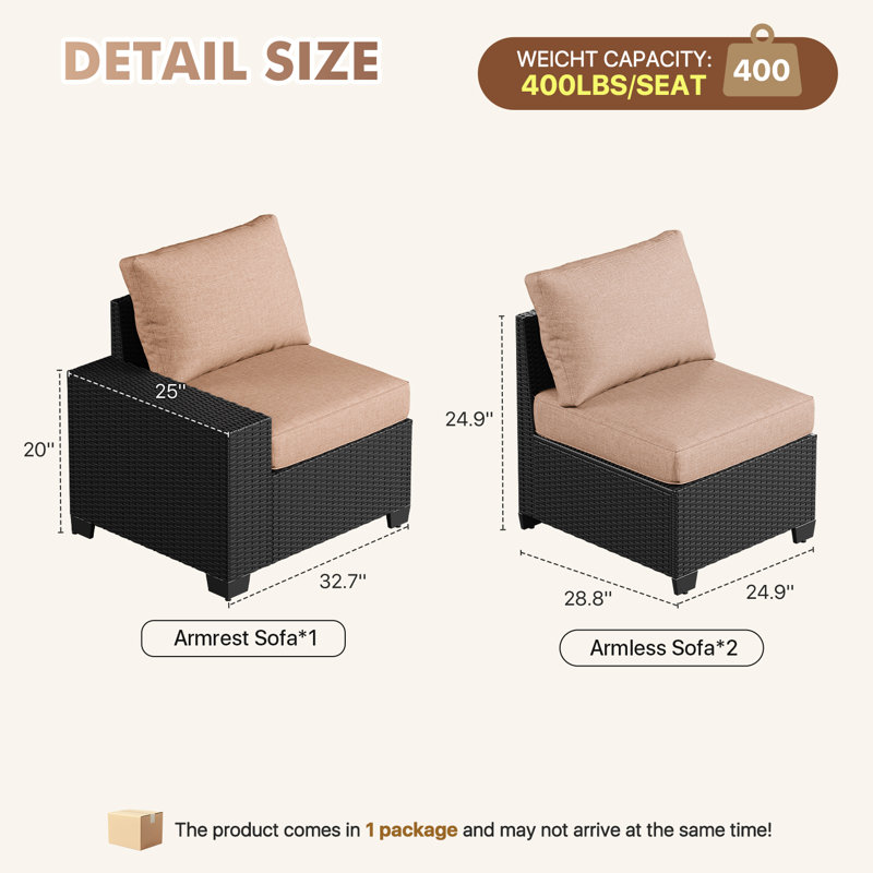 3 -Person Rattan Patio Safo With Cushions, BEIDE, BLACK