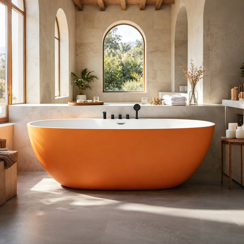 Modern Minimalist Acrylic Freestanding Soaking Bathtub with White Inside and Orange Outside for Bathroom