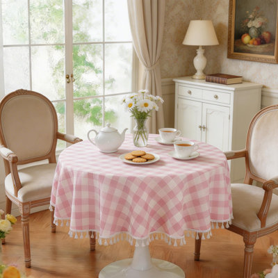 Spring Pink Checkered Round Tablecloth 60", Washable Cotton Linen Buffalo Plaid Table Cover With Tassels, Gingham Tablecloth For Baby Shower, Fits 30-48" Table