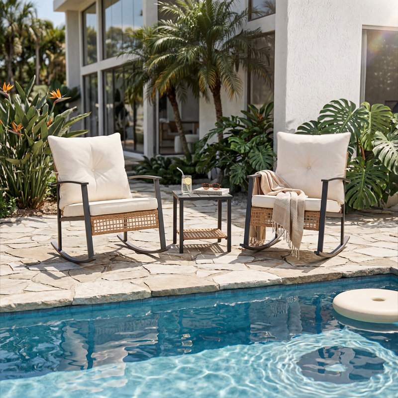 3-Piece Rattan Rocking Bistro Set with Double-Tier Table - Outdoor Water Resistant Patio Set, White