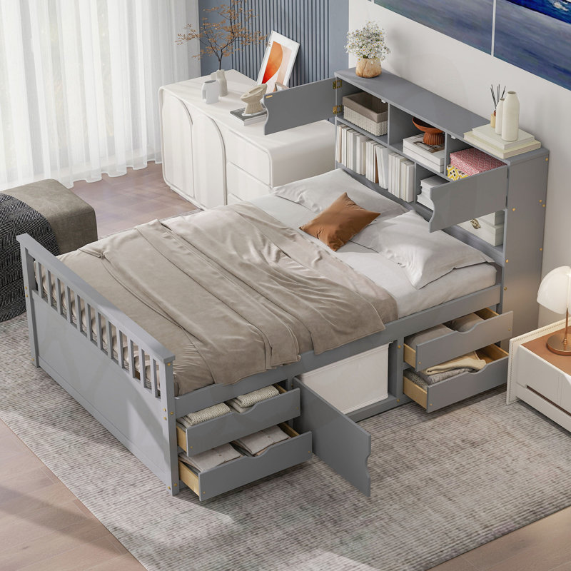 Lit avec tablettes, armoires et tiroirs, Gris, Full / Double