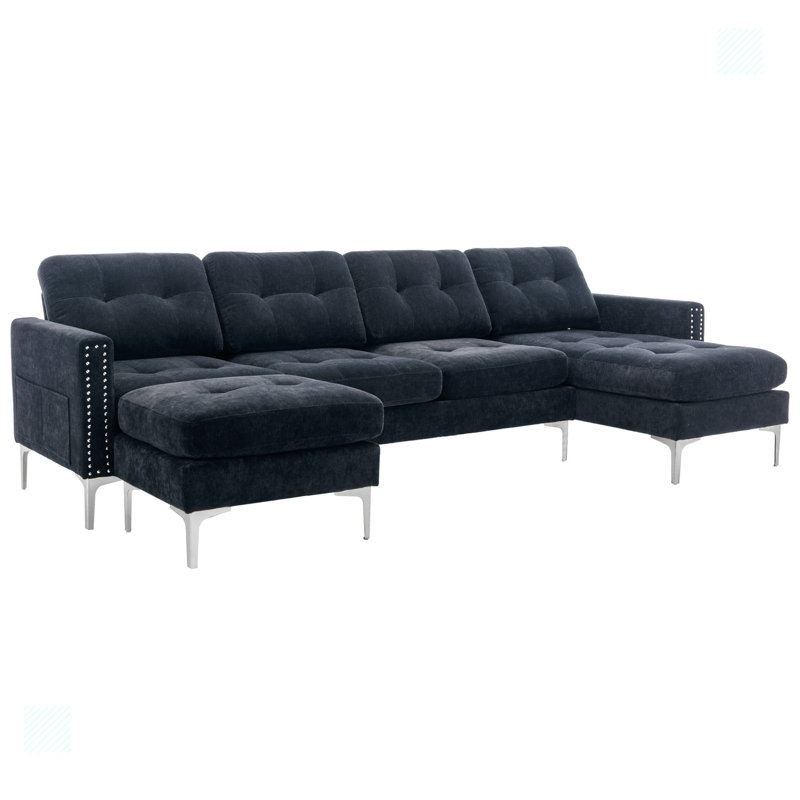 Jiuliana Velvet U-Shaped Sectional Reversible, Black Velvet, Silver