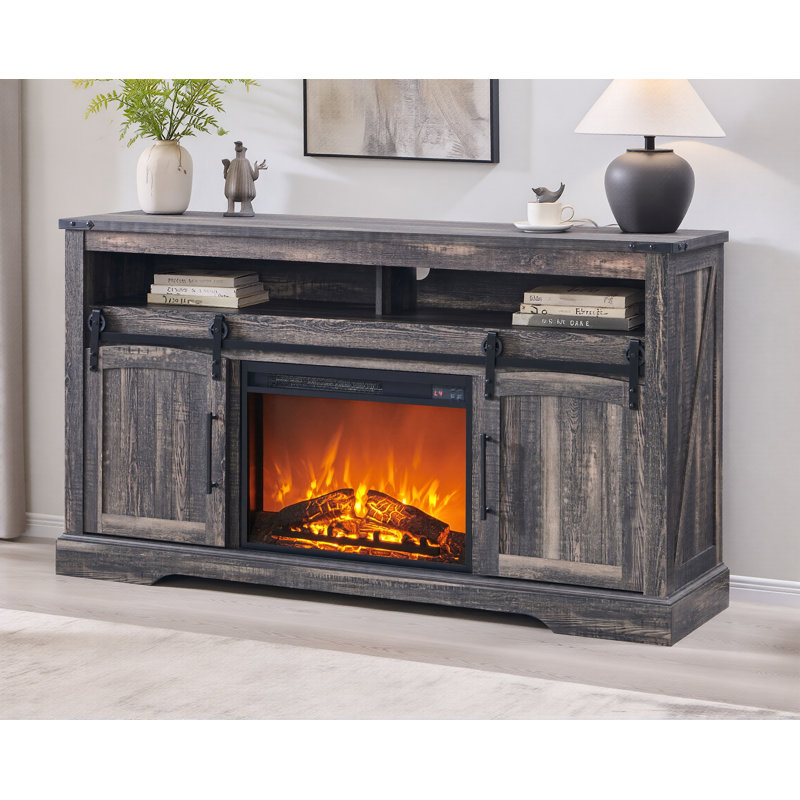 Farmhouse Fireplace TV Stand For 70 Inch TVs With Electric Fireplace & Sliding Arched Door, Dark Rustic Oak