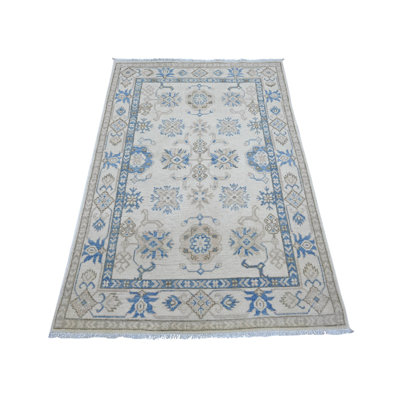 Tapis d'albâtre 3 pi 10 po x 5 pi 8 po blanc de style rétro Kazak avec motif intégral, 100% laine nouée à la main, teintures naturelles, tapis oriental