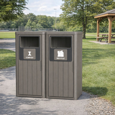 42 Gallon Double Wood-grain Style Outdoor Trash Can With Dual Lids And Fluid Trays