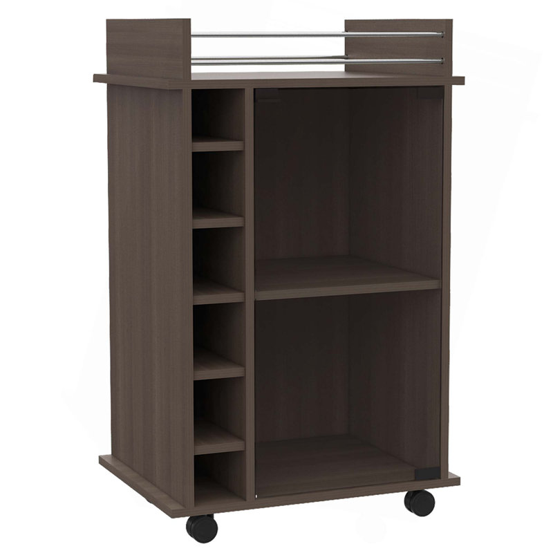 Chariot-bar Dukat, deux tablettes, six supports à vin intégrés, quatre roulettes, Gris clair