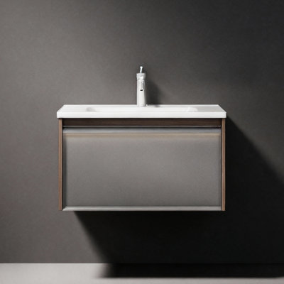 Meuble-lavabo mural à 1 tiroir l 32 po x P 18 po Lil en chêne Karson avec comptoir en céramique blanche et lumière DEL