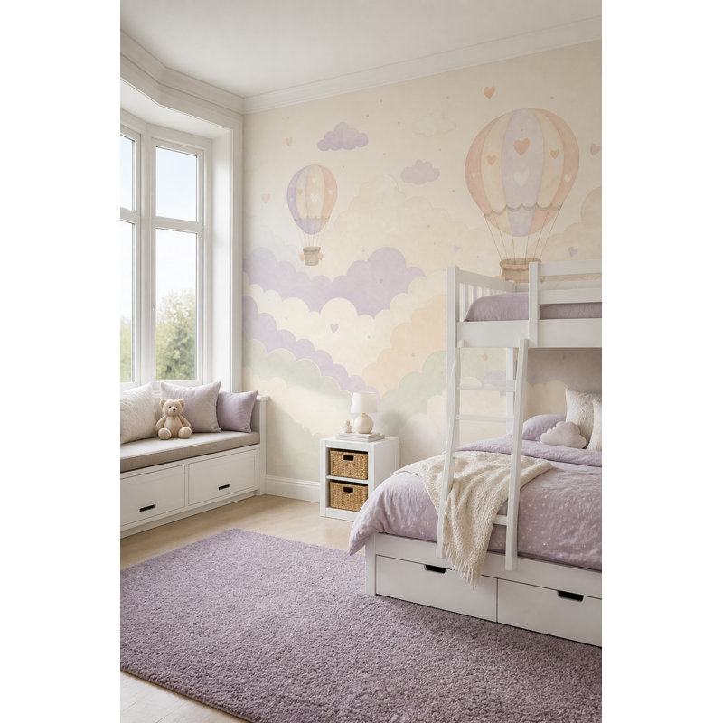 Papier peint amovible Montgolfières Nuages ​​Pastel, 100"x96", Non-Woven Nonpasted