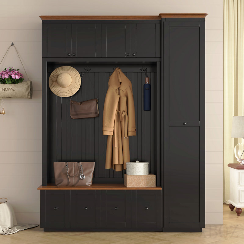 78.7''H Entryway Hall Tree With Storage Bench, 5-In-1 Hall Tree Farmhouse Coat Rack Shoe Bench With Cabinets, Drawers & Hooks For Hallway, Entryway, Living Room, Mudroom