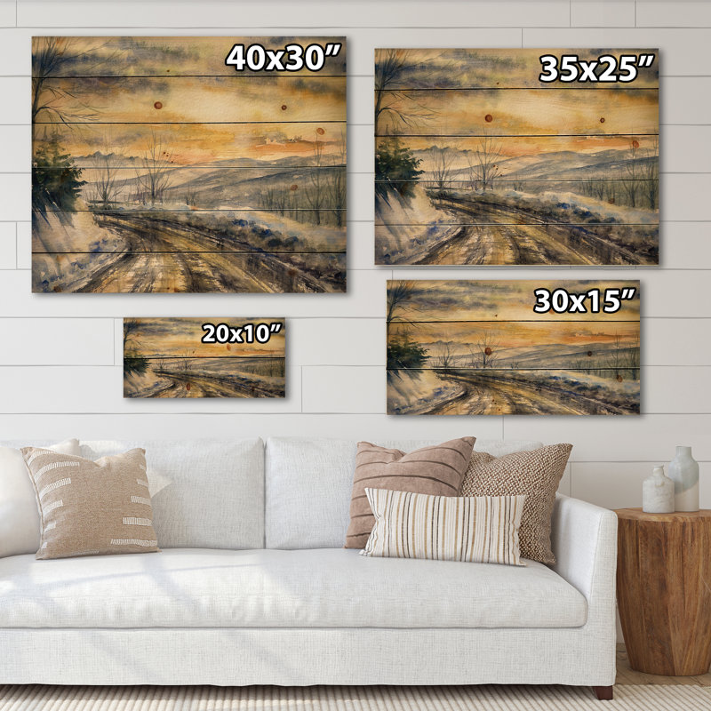 Paysage d'hiver avec route sous un coucher de soleil brillant - impression traditionnelle sur bois de pin naturel