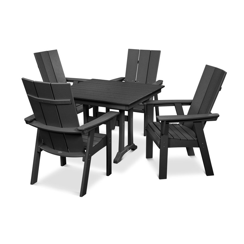 POLYWOOD Modern Curveback Adirondack 5-Piece Farmhouse Trestle Dining Set, Black