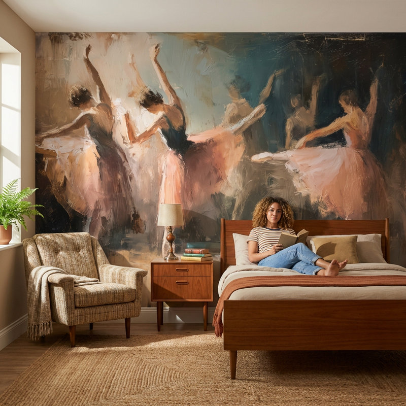 Ballet de danseurs de ballet rétro à double mouvement mural amovible, 120 po x 96 po, Texturé non collé