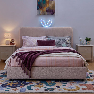 Grand lit tapissier de 84,5 po avec tête de lit pour oreilles de lapin et lumière DEL - 4 tiroirs de rangement - Lit plateforme pour enfants en tissu rose Boucle
