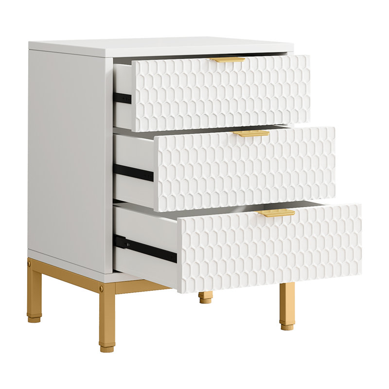 Table de chevet moderne 19,7 pouces blanche et dorée à 3 tiroirs