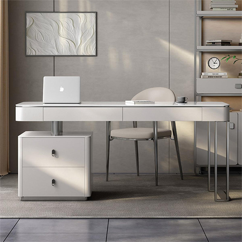 Bureau blanc rectangulaire en bois manufacturé avec 2 tiroirs, H 29,53 po x l 62,99 po x P 23,62 po, Gauche