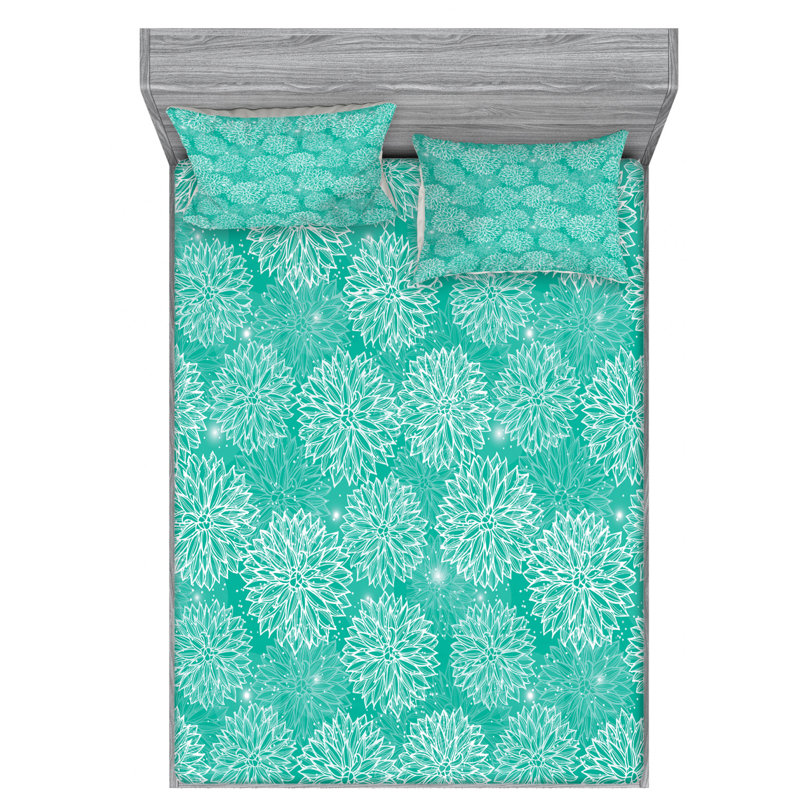 Microfiber Floral Sheet Set, Full Sheet Set with Fitted Sheet, Teal/White Floral