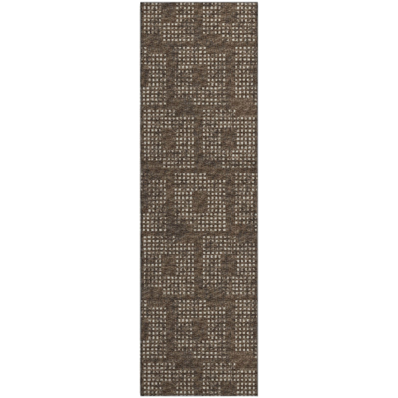 Premium Machine Washable Mayfield AMF33 Geometric Rug, 2'3" x 7'6" Runner, Brown