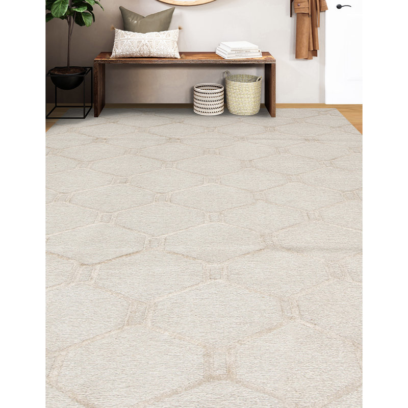 Wool Geometric Area Rug in Beige