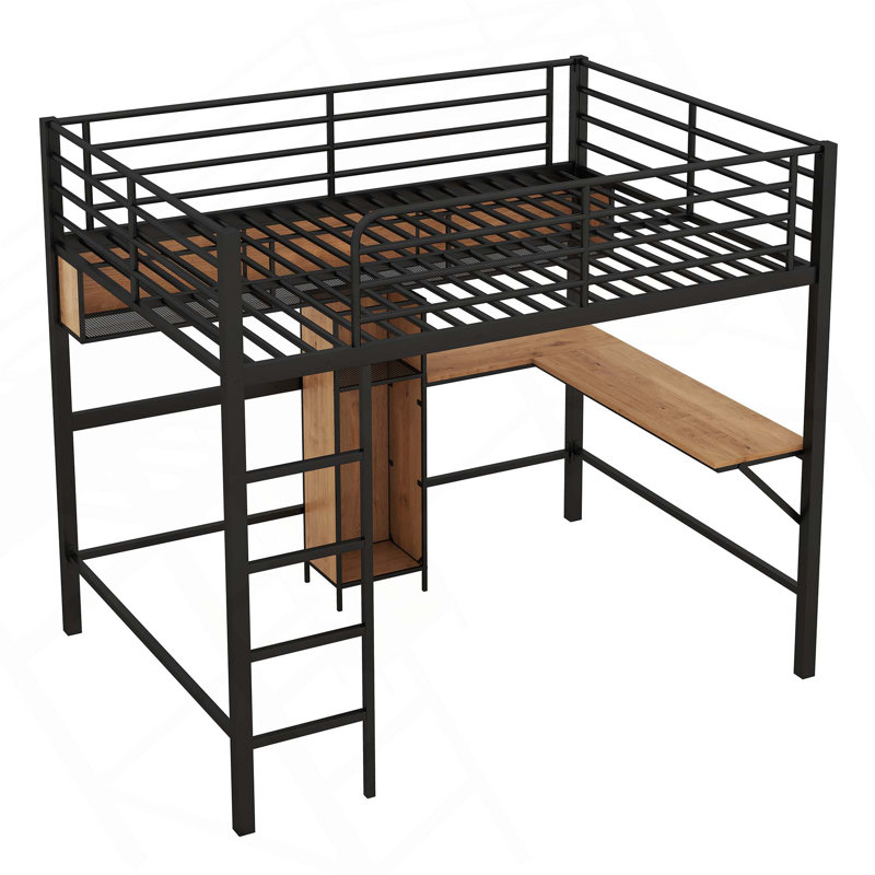 Lit mezzanine double en métal et en bois avec bureau en L et tablettes