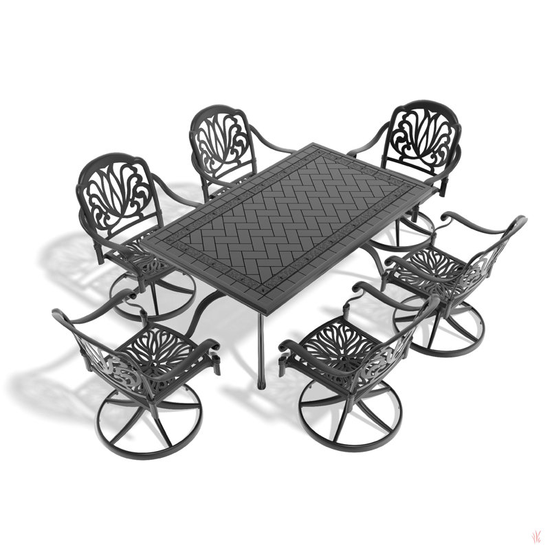 Cet ensemble de salle à manger en fonte d'aluminium toutes saisons comprend des chaises pivotantes et une table ronde avec cadre noir