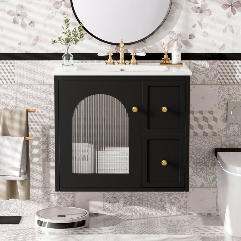 Ensemble de meuble-lavabo mural 24 po pour petit espace, armoire de salle de bain avec lavabo en céramique, 2 tiroirs et 1 porte à fermeture en douceur