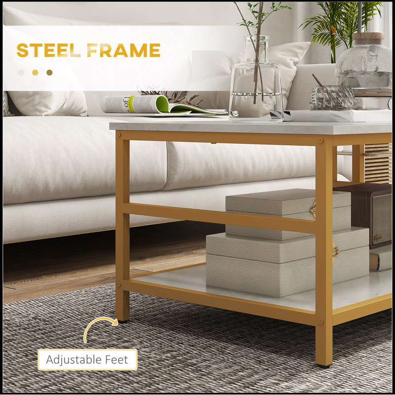 Coffee Tables Set of 2, 2-Rier Rectangle and Round Coffee Table with Storage Shelves