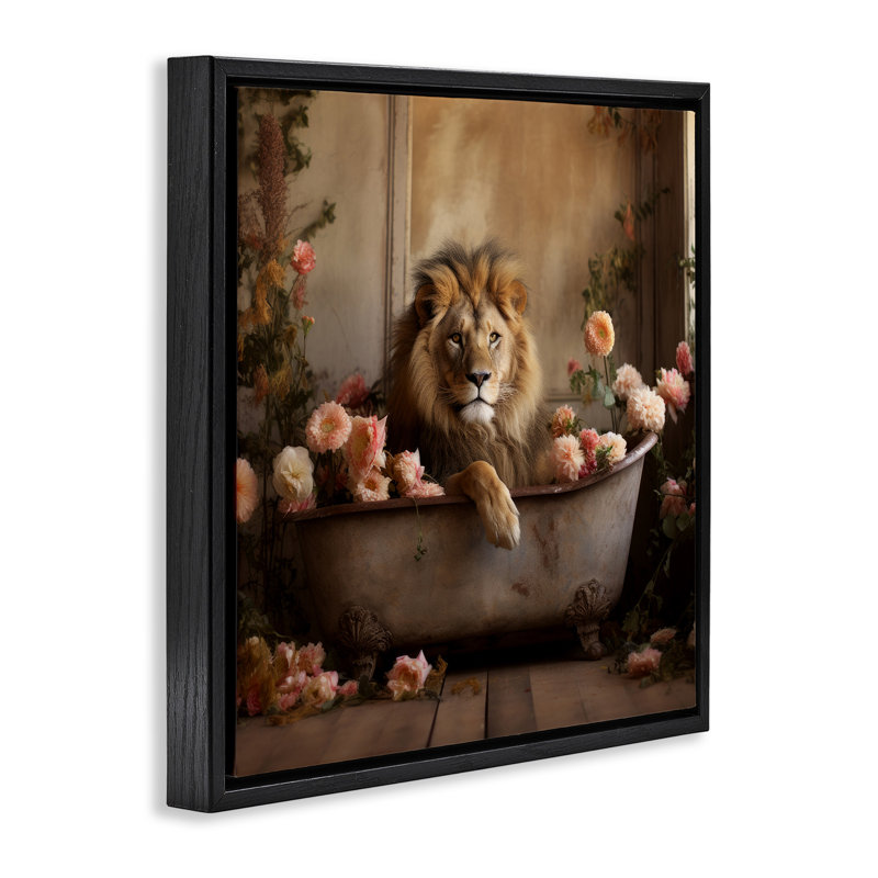 Lion dans une baignoire remplie de fleurs, H 18 po x l 18 po, Cadre flottant noir de jais