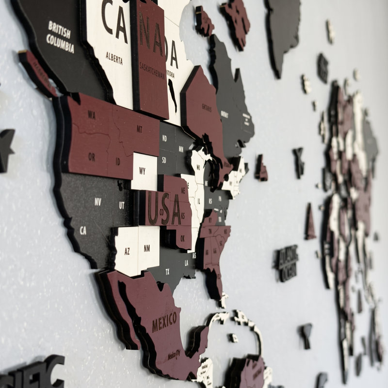 Carte 3D du monde en bois avec punaises, H 53,2 po x l 98,4 po x P 1 po, Bourgogne