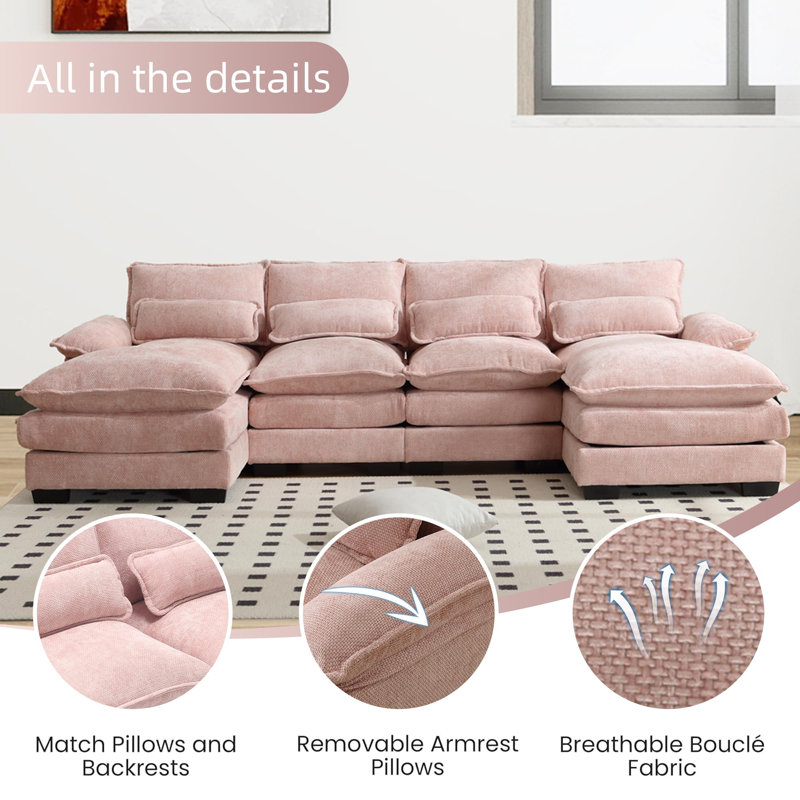 Pink Chenille 110" U-Shaped Sectional Sofa with Deep Cushions