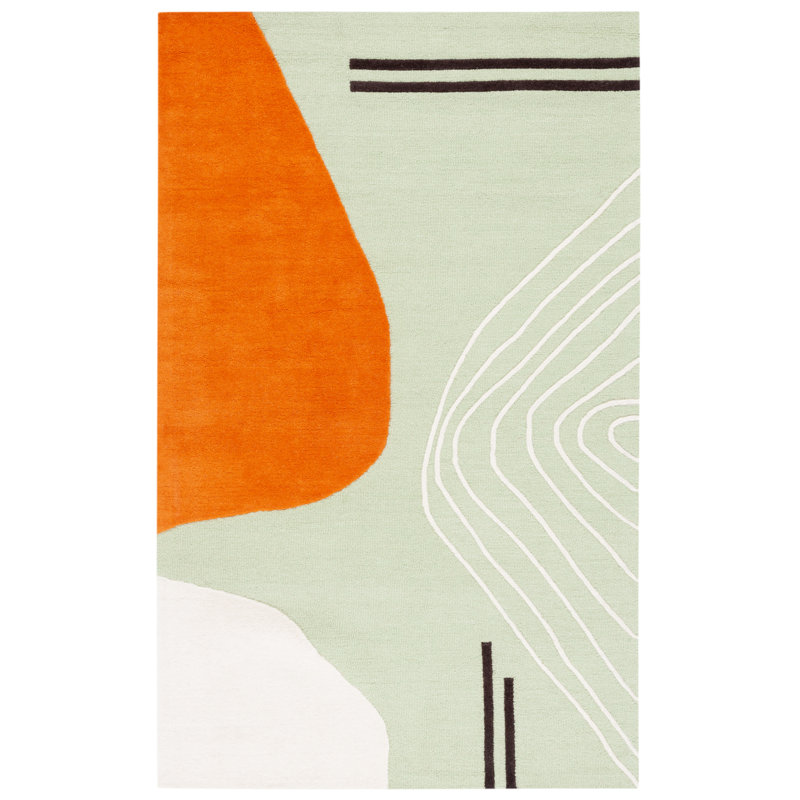 Tapis vert / orange / brun / ivoire en laine fabriqué à la main Arabelle, Rectangle 8 pi x 10 pi