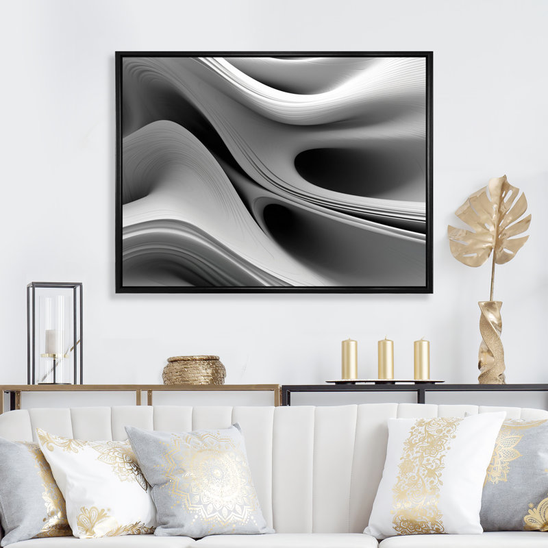 Blanc noir infini ondulations - art mural abstrait vagues modernes pour le salon, Cadre flottant noir