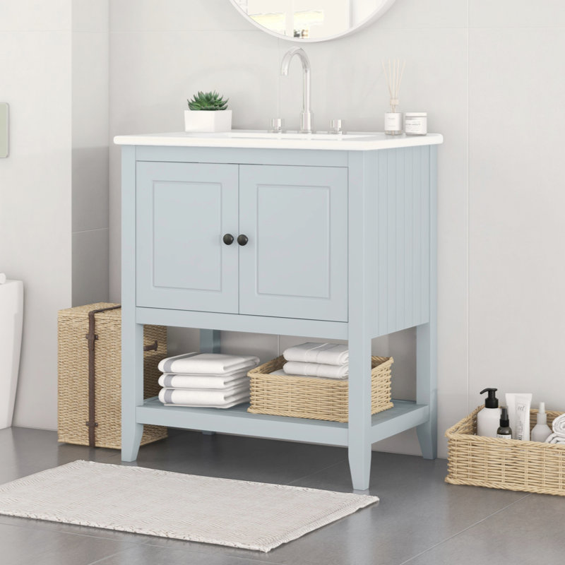 Lavabo de salle de bain moderne élégant en céramique 30 po avec tablette en bois massif, Gris