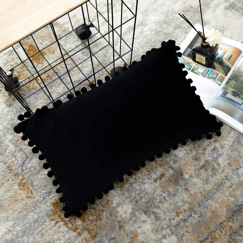 Pom Pom Velvet Velvet Reversible Pillow Cover, Black