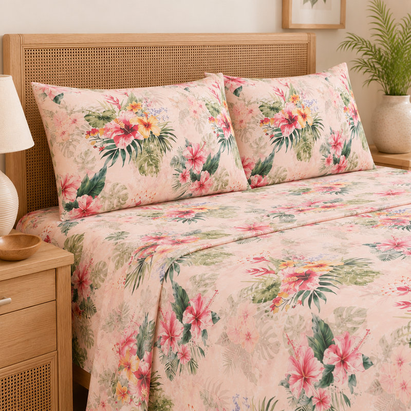 Floral Bedspread Set, Peach Blush Tropical, King