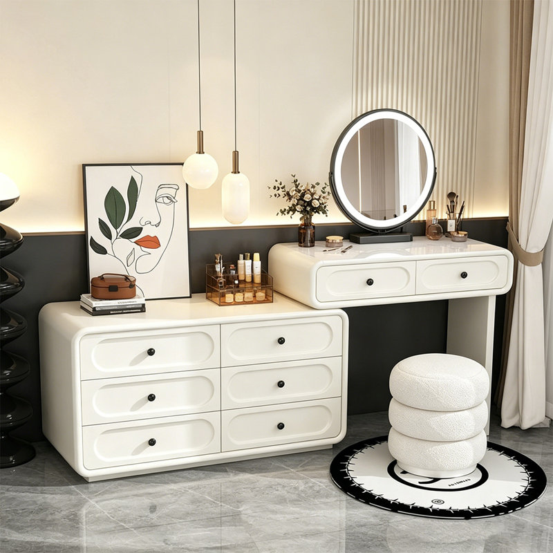 51.18"Cream-colored white sideboard-style makeup table with a mirror