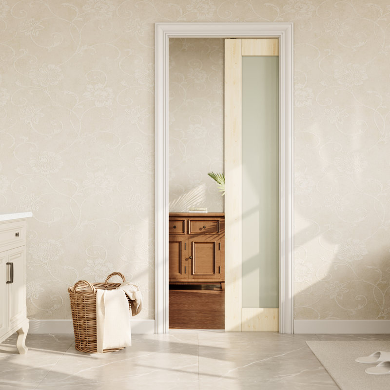 1-Lite Frosted Pocket Door Pine Solid Core Sliding Pocket Door For Bedroom With Hardware/Soft Close, 32" x 80"
