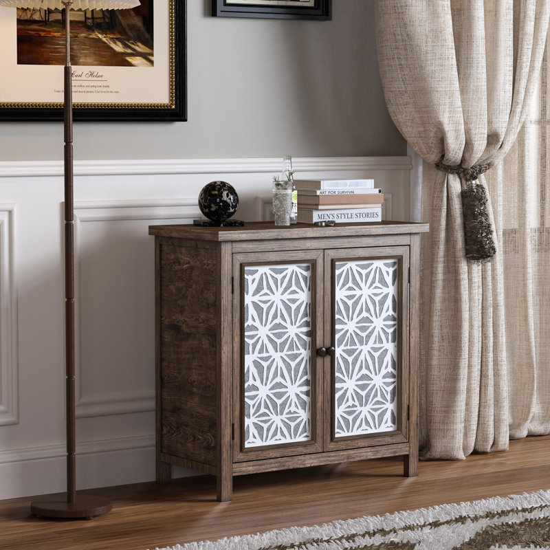 American Design Rustic Storage Cabinet, 32.55" High, Solid Wood And , With Elegant Geometric Pattern, For Living Room Vintage 15.92" Deep, Metal - Framed Linen Doors,