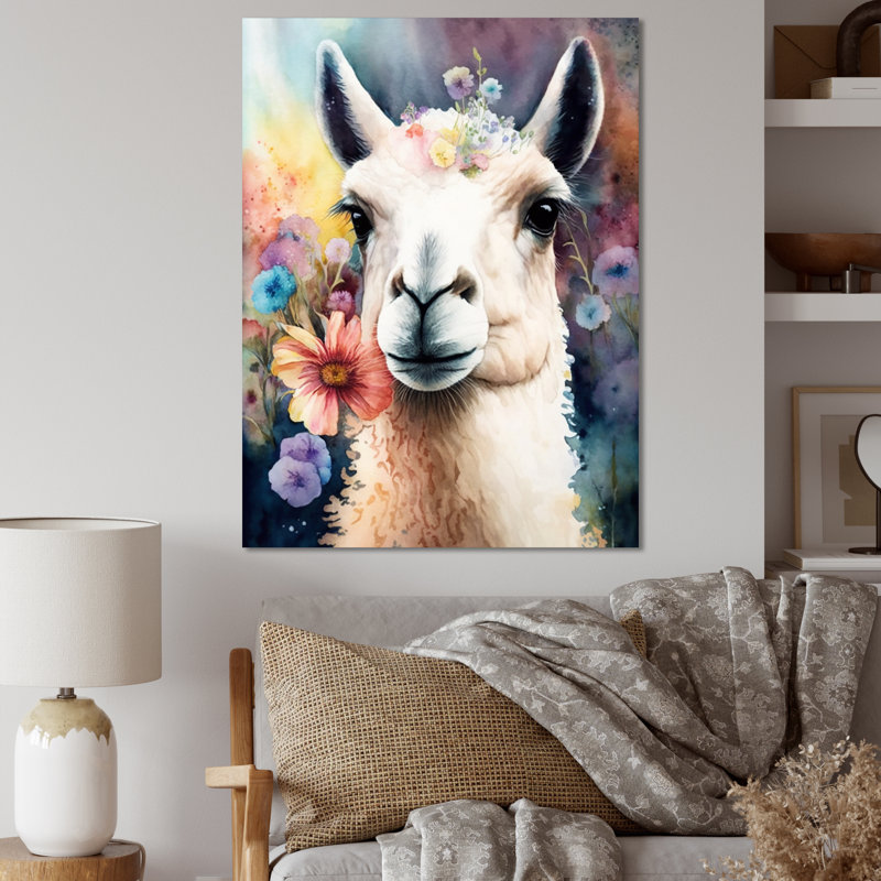 Portrait d'un lama avec des eurs, H 20 po x l 12 po x P 1 po, Toile tendue