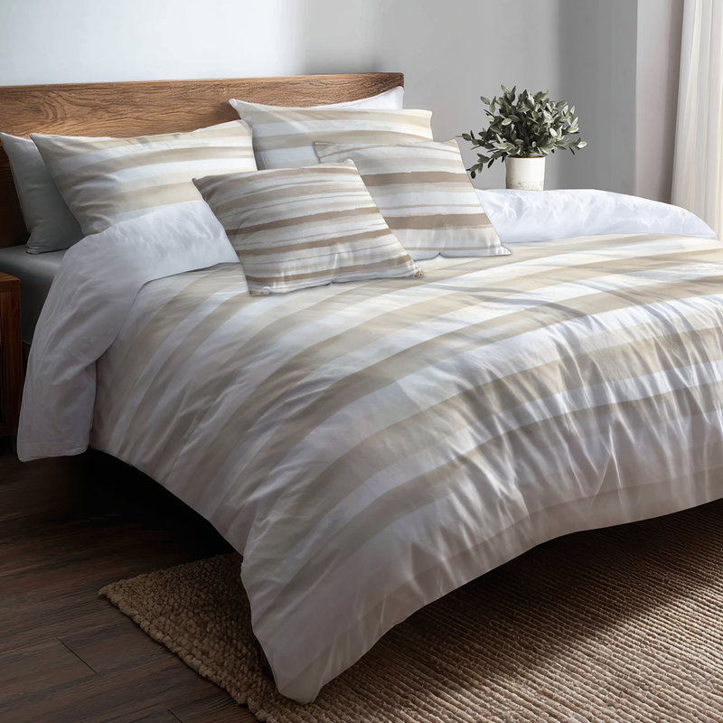 Ensemble de literie à rayures 6 pièces - Ensemble de literie et de coussins modernes en lin doux beige et blanc