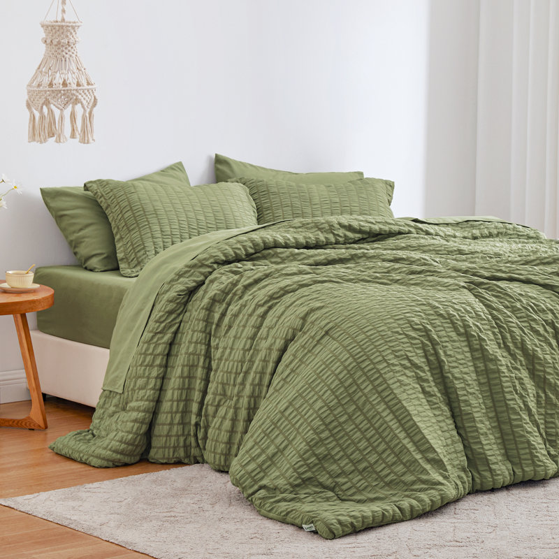 Love's cabin Seersucker King Comforter Set, Green, King-7 pieces