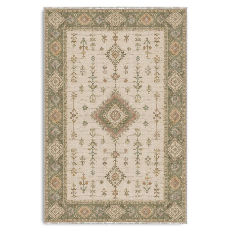 Tapis de couloir en chenille beige et vert, Rectangle 2'8" x 5'