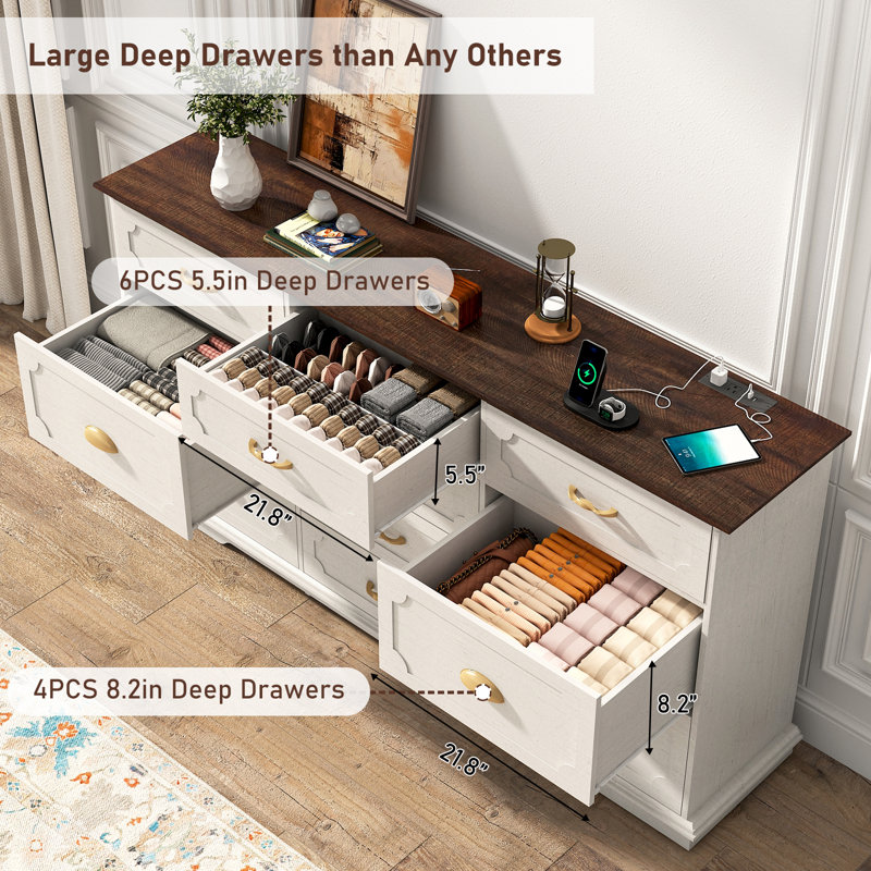 Mitsuye 10-Drawer Dresser With Charging Station, 70-Inch Wooden Chest Of Drawers With Power Outlet, Extra-Large Storage Dresser For Bedroom, Living Room, Or Entryway