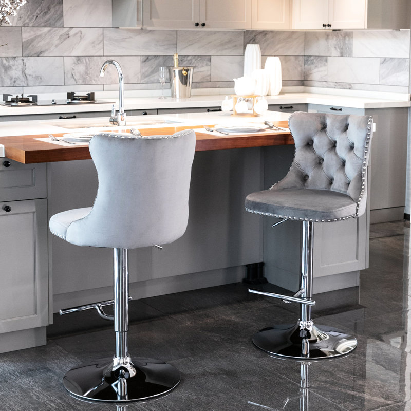 Siège réglable en velours de 25 à 33 pouces, revêtement moderne avec base et dossier pour l'îlot de cuisine pub 2, velours gris maison, hauteur en pouces, deux chaises
