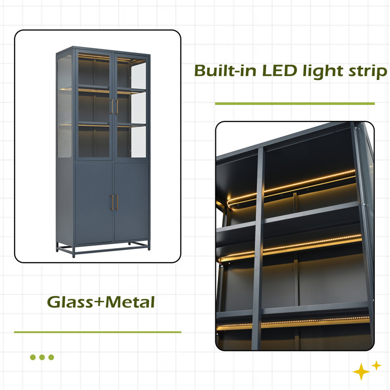 76.75'' Tall Display Cabinet, With Glass Doors And LED Lights, Dark Blue