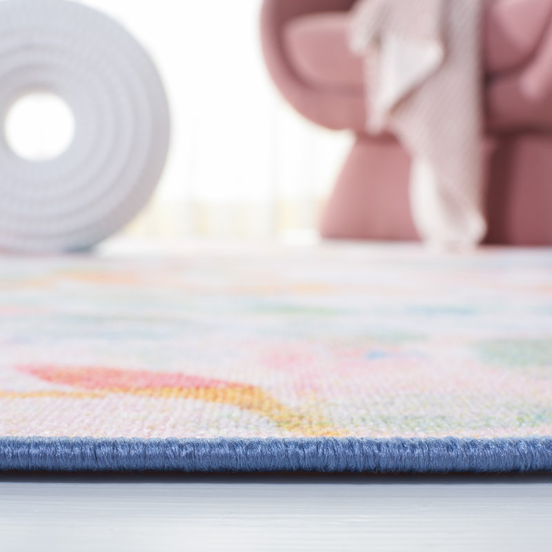 Blush Pink and Green Floral Washable Synthetic Rug