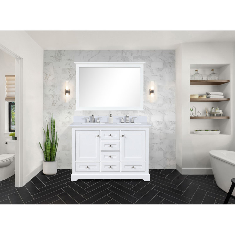 Meuble-lavabo double blanc 48 po X P 22 po D, plateau en quartz blanc et Miroir, Blanc, Quartz blanc