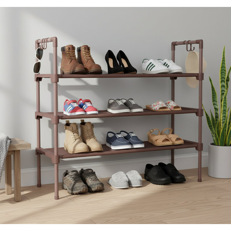3-Tier Long Shoe Rack with 5 Hooks, Stackable Storage Organizer for Entryway & Small Spaces, Brown