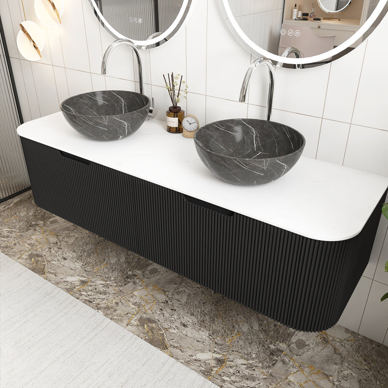Meuble-lavabo mural 60 po 60 po noir pré-assemblé avec 2 lavabos en céramique