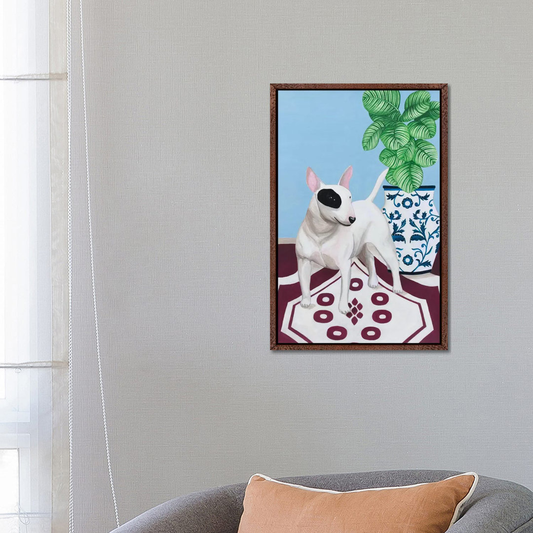 Englischer Bullterrier mit Pflanze von Sally B - Galerie-umwickelte Leinwand Giclée auf Leinwand