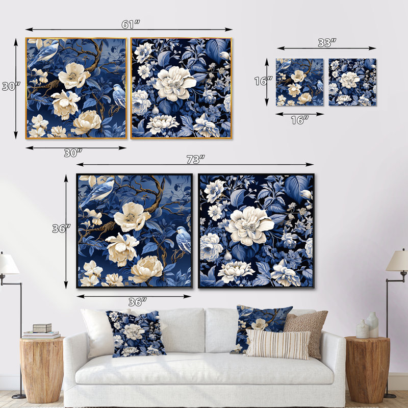 Matteo - Ensemble de 2 collages floraux carrés, Cadre flottant brun, H 30 po x l 61 po